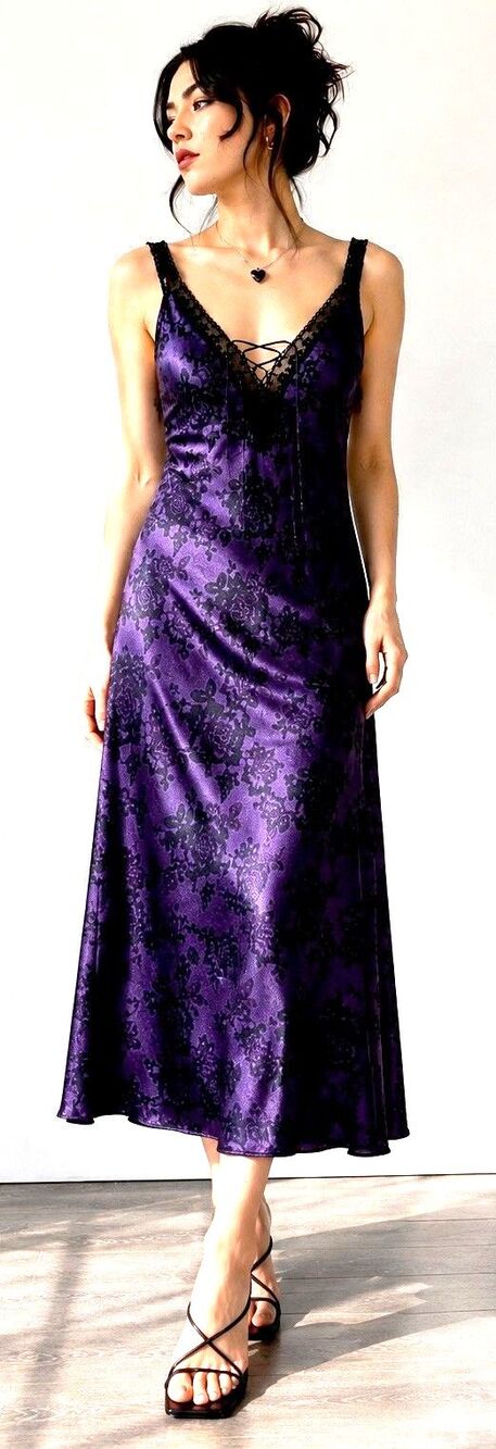 Inner Most Satin Nightgown Slip Dress Purple Black Small Lace Y2K Goth Midi